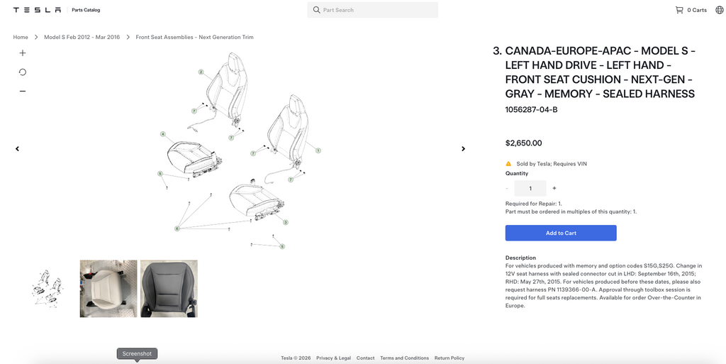 Tesla Model S Canada | Europe - OEM 1st Row Left Hand Seat Cushion - Gray 1056287-04-B