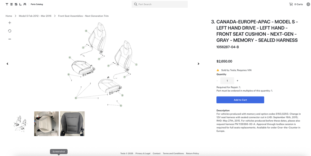 Tesla Model S Canada | Europe - OEM 1st Row Left Hand Seat Cushion - Gray 1056287-04-B